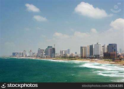 Mediterranean coast near Old Jaffa in Israel and the view of the Tel Aviv. Mediterranean coast near the old Jaffa