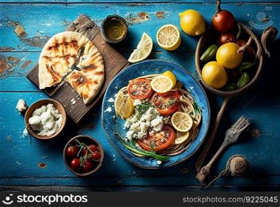 Mediterranean food on a blue wooden rustic backgroun illustration. AI generative.