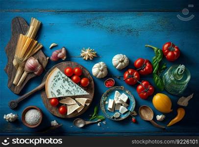 Mediterranean food on a blue wooden rustic backgroun illustration. AI generative.