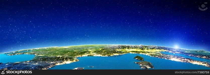 Mediterranean - France and Italy. Elements of this image furnished by NASA. 3d rendering. Mediterranean - France and Italy