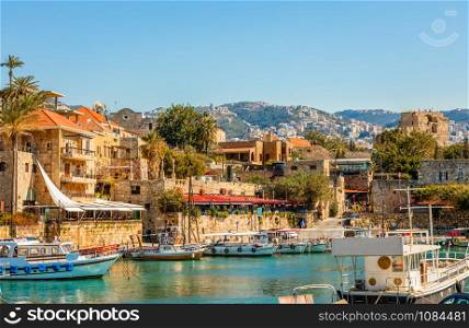Mediterranean Jbeil port lagoon with anchored fishing boats, Biblos, Lebanon