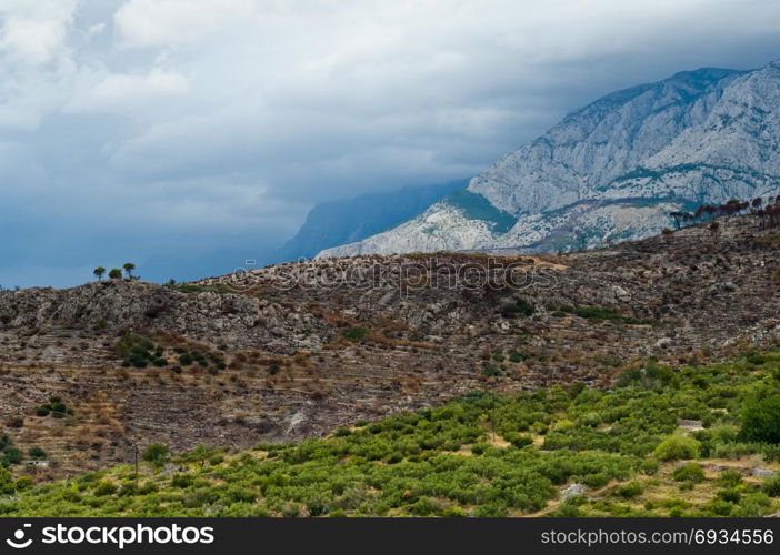 Mediterranean landscape of Croatian coastal mountains at Adriatic Sea