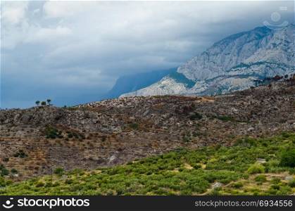 Mediterranean landscape of Croatian coastal mountains at Adriatic Sea