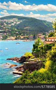 mediterranean landscape with cloudy blue sky. view of sea and luxury resort of Cote d&rsquo;Azur, Provence, France