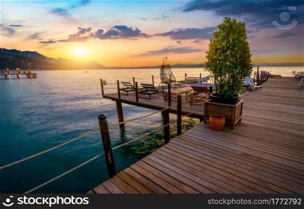 Mediterranean sea and mountains in turkish Kemer. Pier by the sea