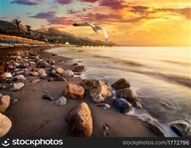 Mediterranean sea and mountains in turkish Kemer. Stones by the sea
