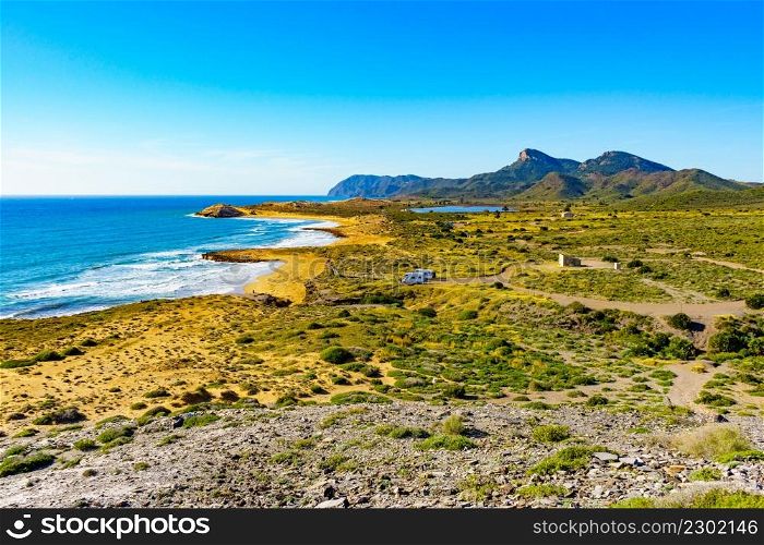 Mediterranean sea coast landscape, beach sea shore in Murcia region, Calblanque Regional Park, Spain.. Sea shore, coast landscape in Spain.