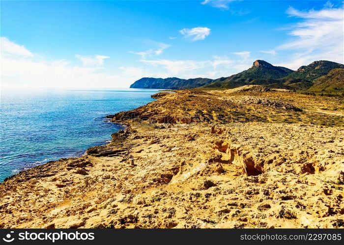 Mediterranean sea coast landscape, rocky sea shore in Murcia region, Calblanque Regional Park, Spain.. Sea shore, coast landscape in Spain.