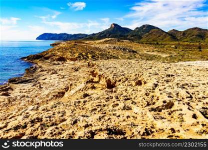 Mediterranean sea coast landscape, rocky sea shore in Murcia region, Calblanque Regional Park, Spain.. Sea shore, coast landscape in Spain.