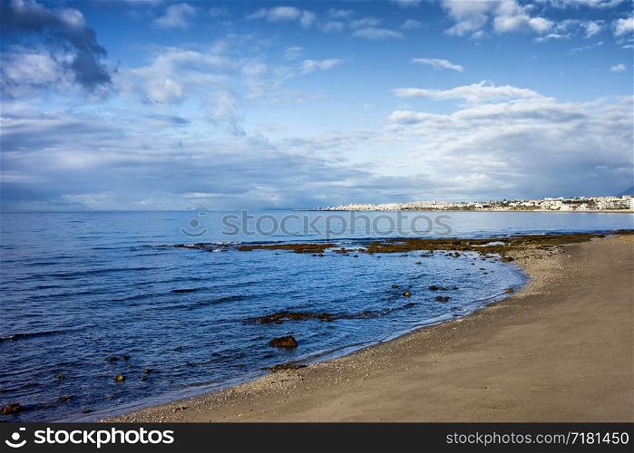 Mediterranean Sea coastline in Marbella, Spain, Andalusia region, Malaga province.