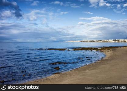 Mediterranean Sea coastline in Marbella, Spain, Andalusia region, Malaga province.