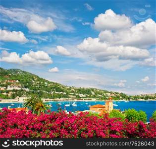 Mediterranean sea landscape with cloudy blue sky. French riviera near Nice and Monaco