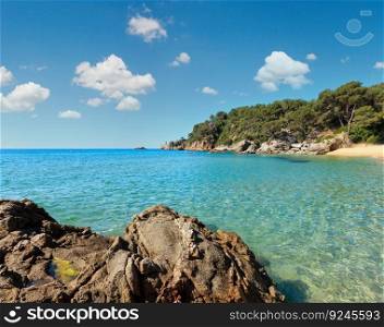 Mediterranean sea rocky coast summer view with sandy beach  Costa Brava, Catalonia, Spain.