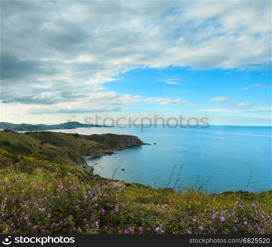 Mediterranean Sea summer evening coastline landscape with purple flowers. View from Cap Canadell, France.