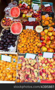 Mediterranean summer fruits in Balearic Islands market outdoor