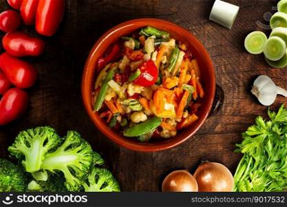 Mediterranean Vegetables in terracotta dish on old wooden table. Natural nutrition concept. Top view.