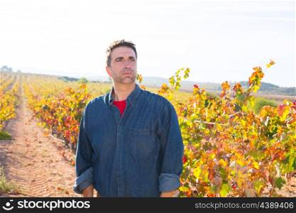 Mediterranean vineyard farmer relaxed looking wines grape field in Spain