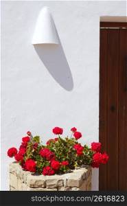 mediterranean white houses red geraniums on wooden entrance door
