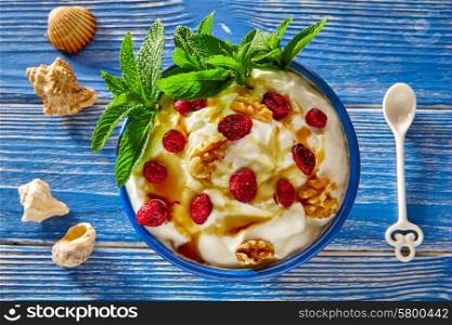 Mediterranean yogurt with raspberries strawberries nuts and honey