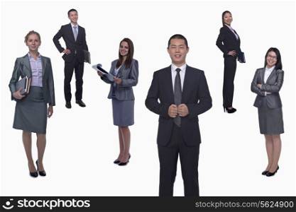 Medium group of smiling business people, portrait, full length, studio shot