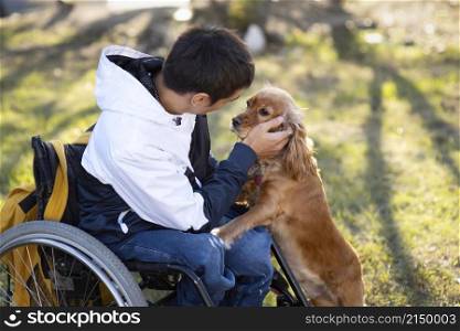 medium shot disabled man petting dog