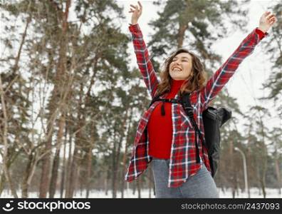 medium shot excited woman outdoors
