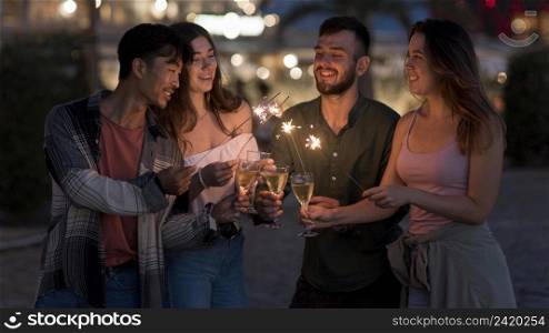 medium shot friends with fireworks night