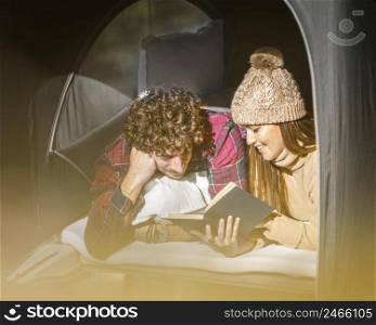 medium shot happy couple reading together