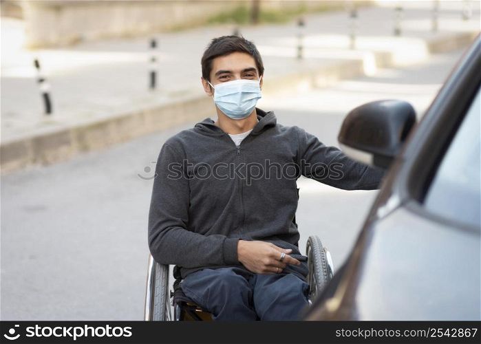 medium shot man with mask near car