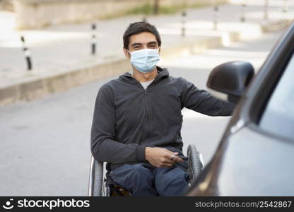 medium shot man with mask near car