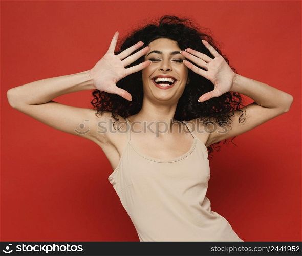 medium shot model with red background