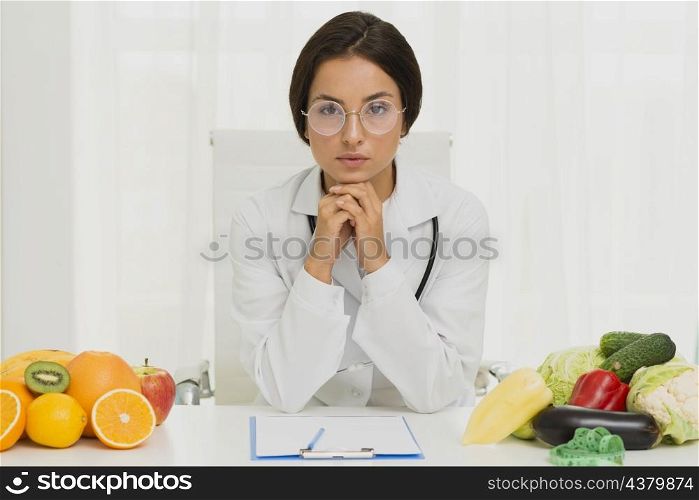 medium shot serious nutritionist with glasses
