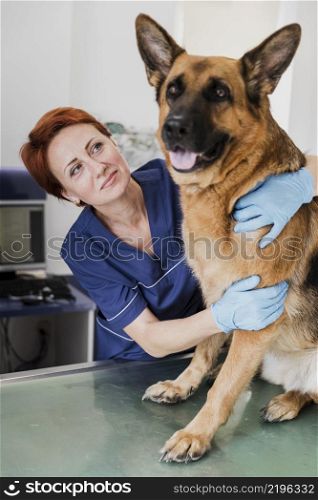 medium shot smiley doctor hugging cute dog