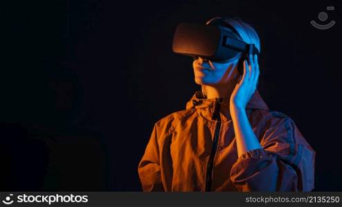 medium shot smiley woman experiencing virtual reality