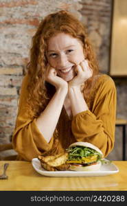 medium shot smiley woman with food