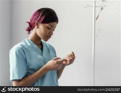 medium shot woman adjusting perfusion