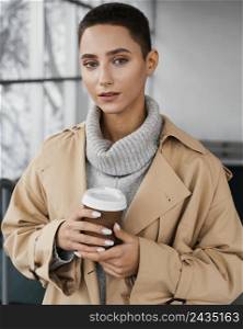 medium shot woman holding coffee cup