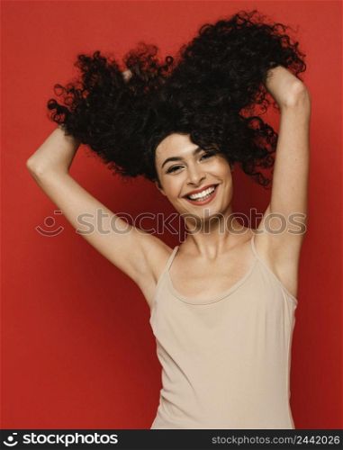 medium shot woman with red background