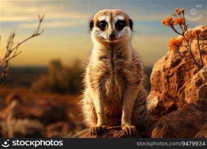Meerkat on guard in the prairie. Generative AI