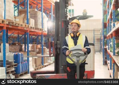Meeting between designer and warehouse manager to organize the arrangement of product shelves in a huge, empty warehouse.