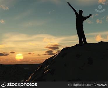 Meeting of the sun. The man on high mountain with the hands lifted above, on a background of a sunset