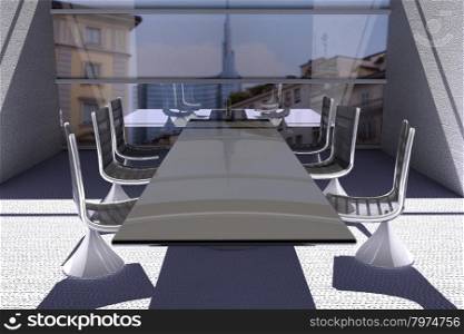Meeting room in front of big window (original photo is mine), 3d render, horizontal image