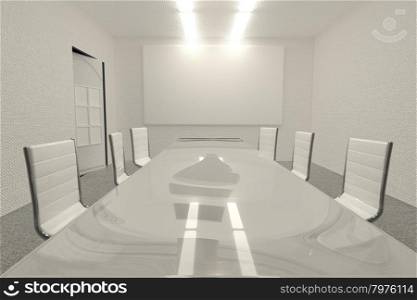 Meeting room with blackboard, 3d render, horizontal image