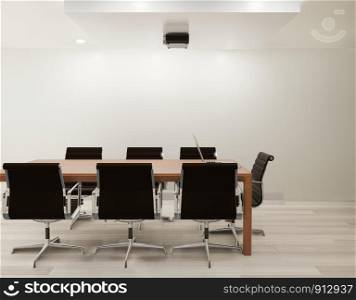 Meeting room with white wall, wooden floor copy space 3d rendering