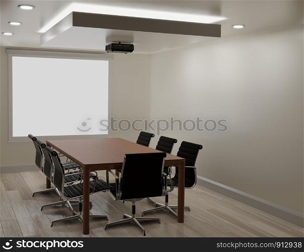 Meeting room with white wall, wooden floor ,projector machine copy space 3d rendering