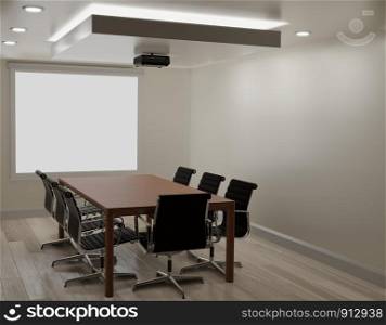 Meeting room with white wall, wooden floor ,projector machine copy space 3d rendering