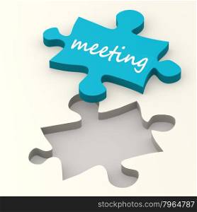 Meeting word on blue puzzle image with hi-res rendered artwork that could be used for any graphic design.. Solution blue puzzle
