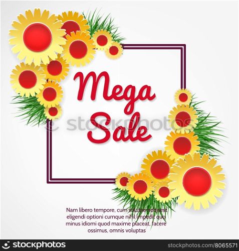 Mega sale banner with flowers. Mega sale banner with yellow flowers and grass vector illustration