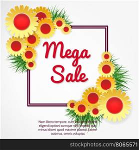 Mega sale banner with flowers. Mega sale banner with yellow flowers and grass vector illustration