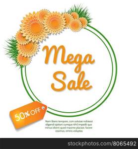 Mega sale banner with orange flowers. Mega sale banner with orange flowers bouquet and grass isolated on white background. Vector illustration